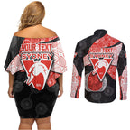Personalized Sydney Football Couples Matching Off Shoulder Short Dress and Long Sleeve Button Shirt Easter Egg Pattern Red White Tribal Dot Art Style