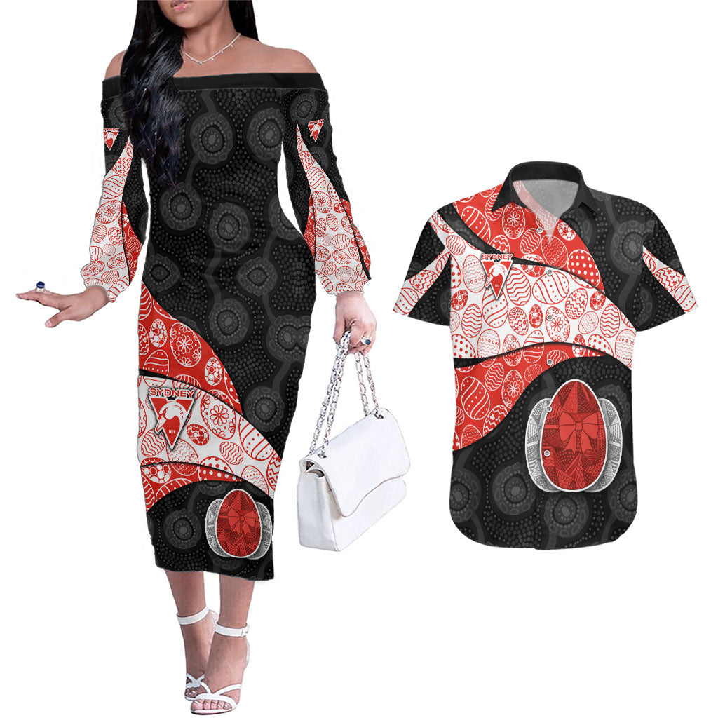 Personalized Sydney Football Couples Matching Off The Shoulder Long Sleeve Dress and Hawaiian Shirt Easter Egg Pattern Red White Tribal Dot Art Style
