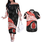 Personalized Sydney Football Couples Matching Off The Shoulder Long Sleeve Dress and Hawaiian Shirt Easter Egg Pattern Red White Tribal Dot Art Style