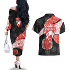 Personalized Sydney Football Couples Matching Off The Shoulder Long Sleeve Dress and Hawaiian Shirt Easter Egg Pattern Red White Tribal Dot Art Style