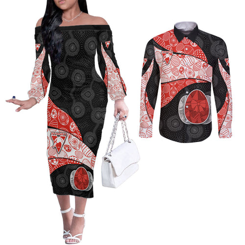 Personalized Sydney Football Couples Matching Off The Shoulder Long Sleeve Dress and Long Sleeve Button Shirt Easter Egg Pattern Red White Tribal Dot Art Style
