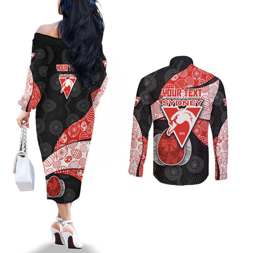 Personalized Sydney Football Couples Matching Off The Shoulder Long Sleeve Dress and Long Sleeve Button Shirt Easter Egg Pattern Red White Tribal Dot Art Style