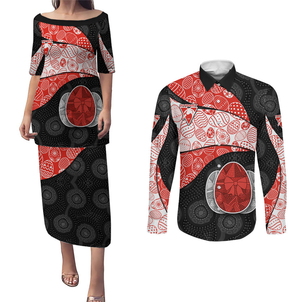 Personalized Sydney Football Couples Matching Puletasi and Long Sleeve Button Shirt Easter Egg Pattern Red White Tribal Dot Art Style