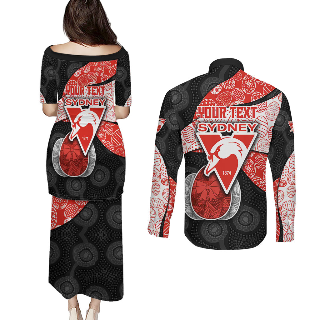 Personalized Sydney Football Couples Matching Puletasi and Long Sleeve Button Shirt Easter Egg Pattern Red White Tribal Dot Art Style
