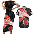 Personalized Sydney Football Couples Matching Short Sleeve Bodycon Dress and Hawaiian Shirt Easter Egg Pattern Red White Tribal Dot Art Style