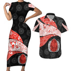 Personalized Sydney Football Couples Matching Short Sleeve Bodycon Dress and Hawaiian Shirt Easter Egg Pattern Red White Tribal Dot Art Style
