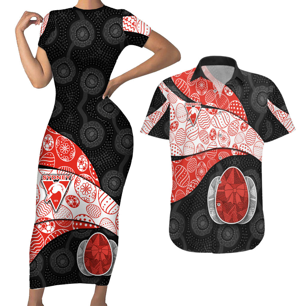 Personalized Sydney Football Couples Matching Short Sleeve Bodycon Dress and Hawaiian Shirt Easter Egg Pattern Red White Tribal Dot Art Style
