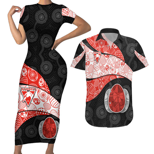 Personalized Sydney Football Couples Matching Short Sleeve Bodycon Dress and Hawaiian Shirt Easter Egg Pattern Red White Tribal Dot Art Style