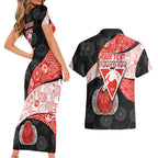 Personalized Sydney Football Couples Matching Short Sleeve Bodycon Dress and Hawaiian Shirt Easter Egg Pattern Red White Tribal Dot Art Style