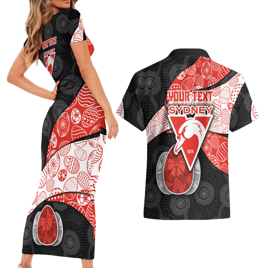 Personalized Sydney Football Couples Matching Short Sleeve Bodycon Dress and Hawaiian Shirt Easter Egg Pattern Red White Tribal Dot Art Style