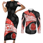 Personalized Sydney Football Couples Matching Short Sleeve Bodycon Dress and Long Sleeve Button Shirt Easter Egg Pattern Red White Tribal Dot Art Style