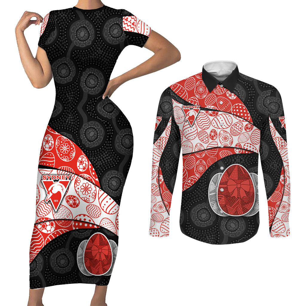 Personalized Sydney Football Couples Matching Short Sleeve Bodycon Dress and Long Sleeve Button Shirt Easter Egg Pattern Red White Tribal Dot Art Style