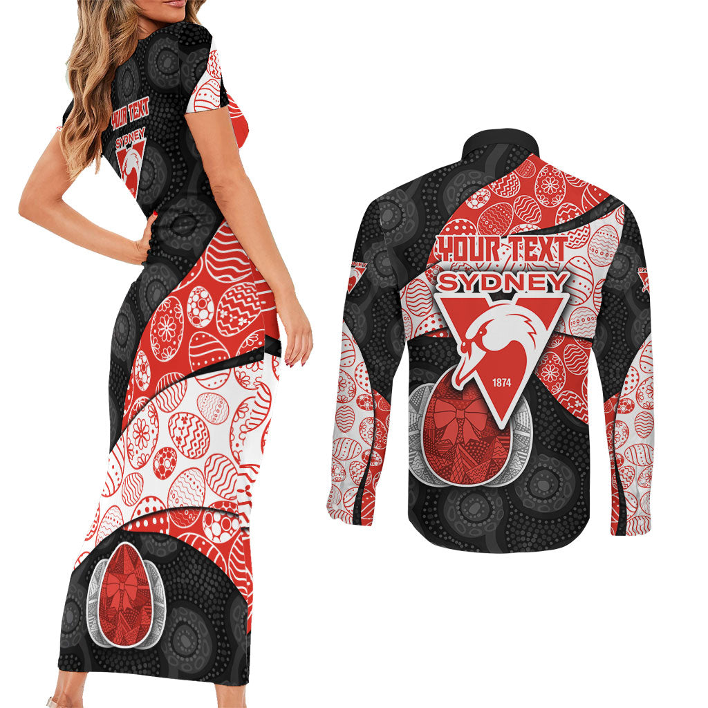 Personalized Sydney Football Couples Matching Short Sleeve Bodycon Dress and Long Sleeve Button Shirt Easter Egg Pattern Red White Tribal Dot Art Style