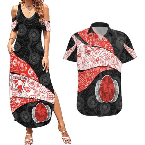 Personalized Sydney Football Couples Matching Summer Maxi Dress and Hawaiian Shirt Easter Egg Pattern Red White Tribal Dot Art Style
