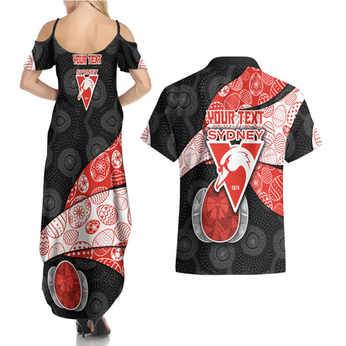 Personalized Sydney Football Couples Matching Summer Maxi Dress and Hawaiian Shirt Easter Egg Pattern Red White Tribal Dot Art Style