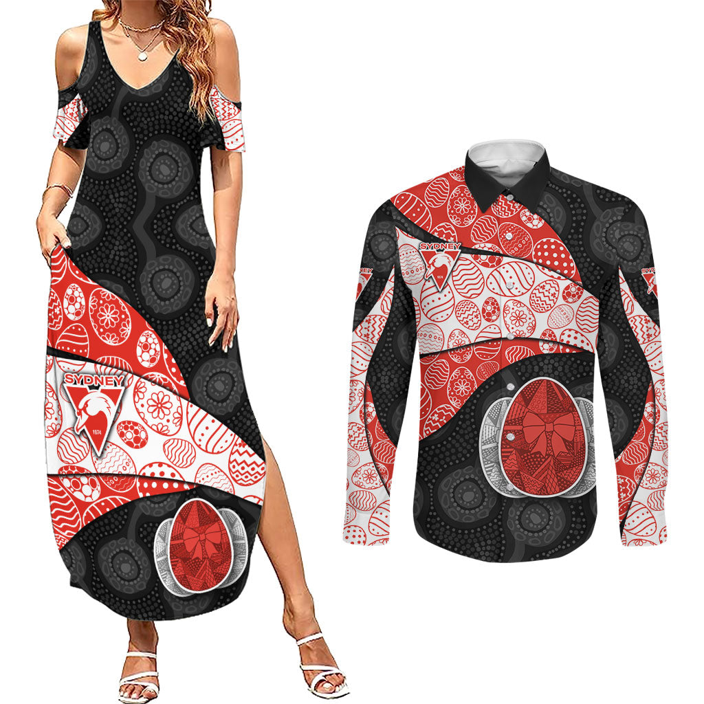 Personalized Sydney Football Couples Matching Summer Maxi Dress and Long Sleeve Button Shirt Easter Egg Pattern Red White Tribal Dot Art Style