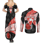Personalized Sydney Football Couples Matching Summer Maxi Dress and Long Sleeve Button Shirt Easter Egg Pattern Red White Tribal Dot Art Style