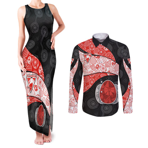 Personalized Sydney Football Couples Matching Tank Maxi Dress and Long Sleeve Button Shirt Easter Egg Pattern Red White Tribal Dot Art Style