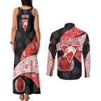 Personalized Sydney Football Couples Matching Tank Maxi Dress and Long Sleeve Button Shirt Easter Egg Pattern Red White Tribal Dot Art Style