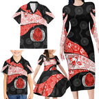 Personalized Sydney Football Family Matching Long Sleeve Bodycon Dress and Hawaiian Shirt Easter Egg Pattern Red White Tribal Dot Art Style