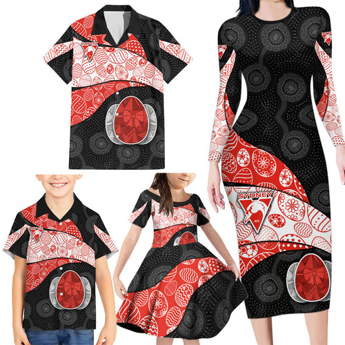 Personalized Sydney Football Family Matching Long Sleeve Bodycon Dress and Hawaiian Shirt Easter Egg Pattern Red White Tribal Dot Art Style