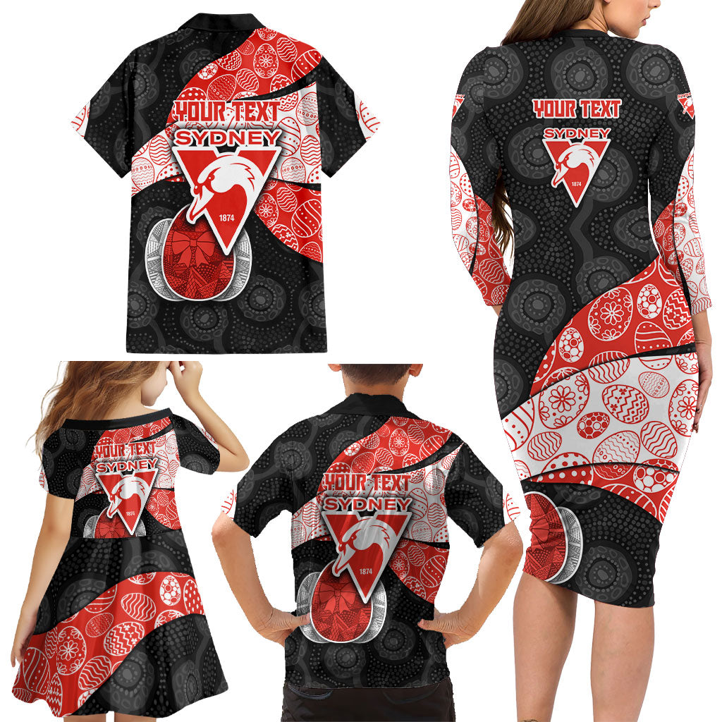 Personalized Sydney Football Family Matching Long Sleeve Bodycon Dress and Hawaiian Shirt Easter Egg Pattern Red White Tribal Dot Art Style