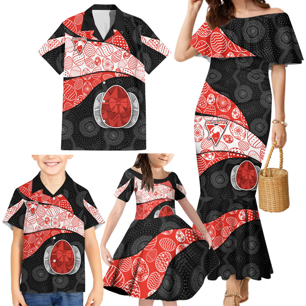 Personalized Sydney Football Family Matching Mermaid Dress and Hawaiian Shirt Easter Egg Pattern Red White Tribal Dot Art Style