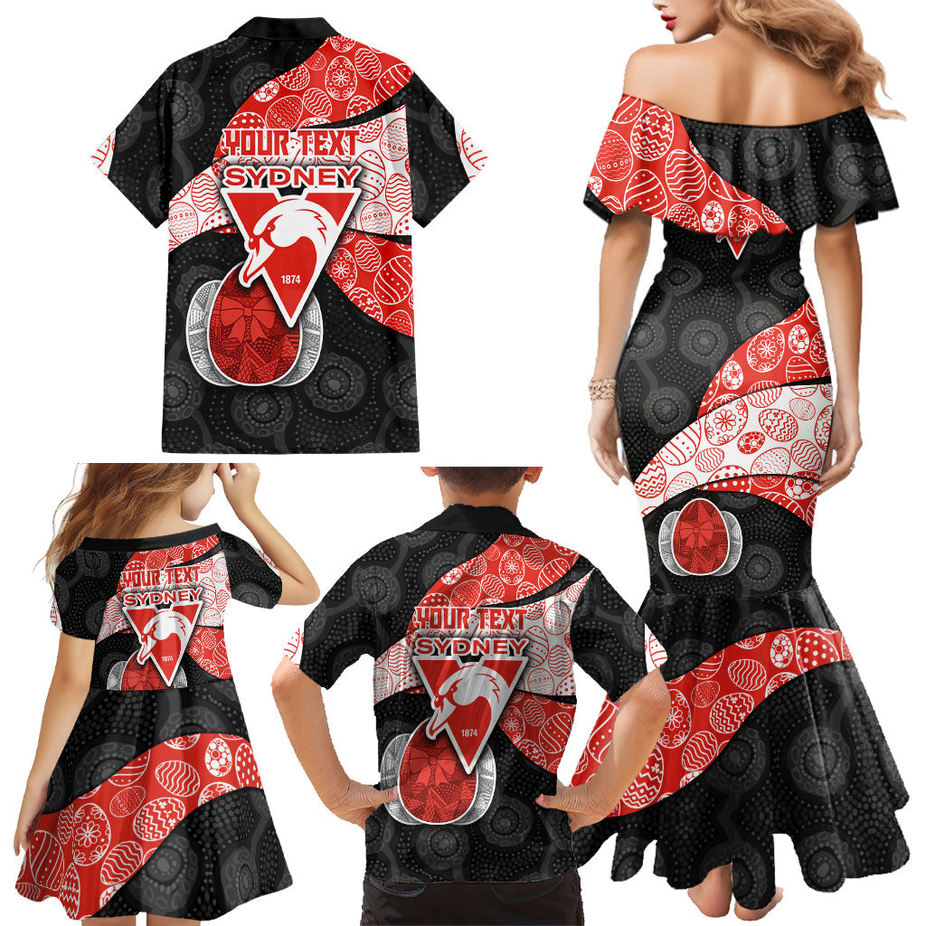 Personalized Sydney Football Family Matching Mermaid Dress and Hawaiian Shirt Easter Egg Pattern Red White Tribal Dot Art Style