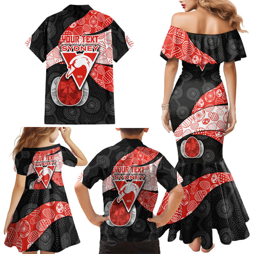 Personalized Sydney Football Family Matching Mermaid Dress and Hawaiian Shirt Easter Egg Pattern Red White Tribal Dot Art Style