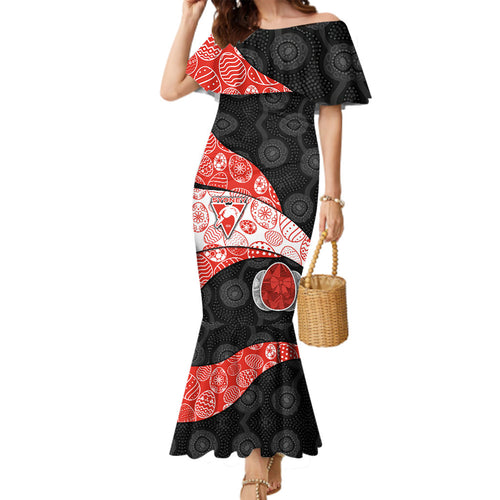 Personalized Sydney Football Family Matching Mermaid Dress and Hawaiian Shirt Easter Egg Pattern Red White Tribal Dot Art Style