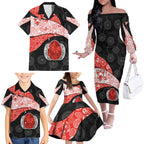 Personalized Sydney Football Family Matching Off The Shoulder Long Sleeve Dress and Hawaiian Shirt Easter Egg Pattern Red White Tribal Dot Art Style