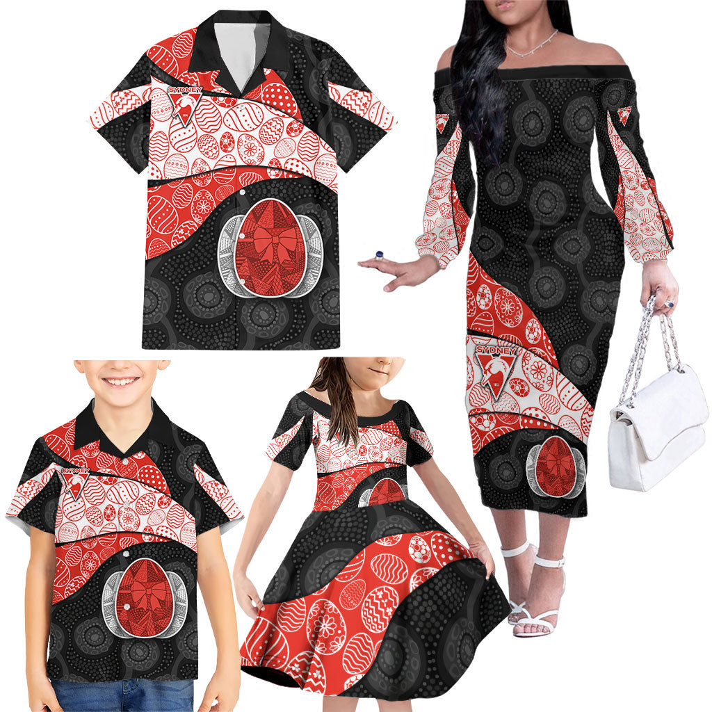 Personalized Sydney Football Family Matching Off The Shoulder Long Sleeve Dress and Hawaiian Shirt Easter Egg Pattern Red White Tribal Dot Art Style