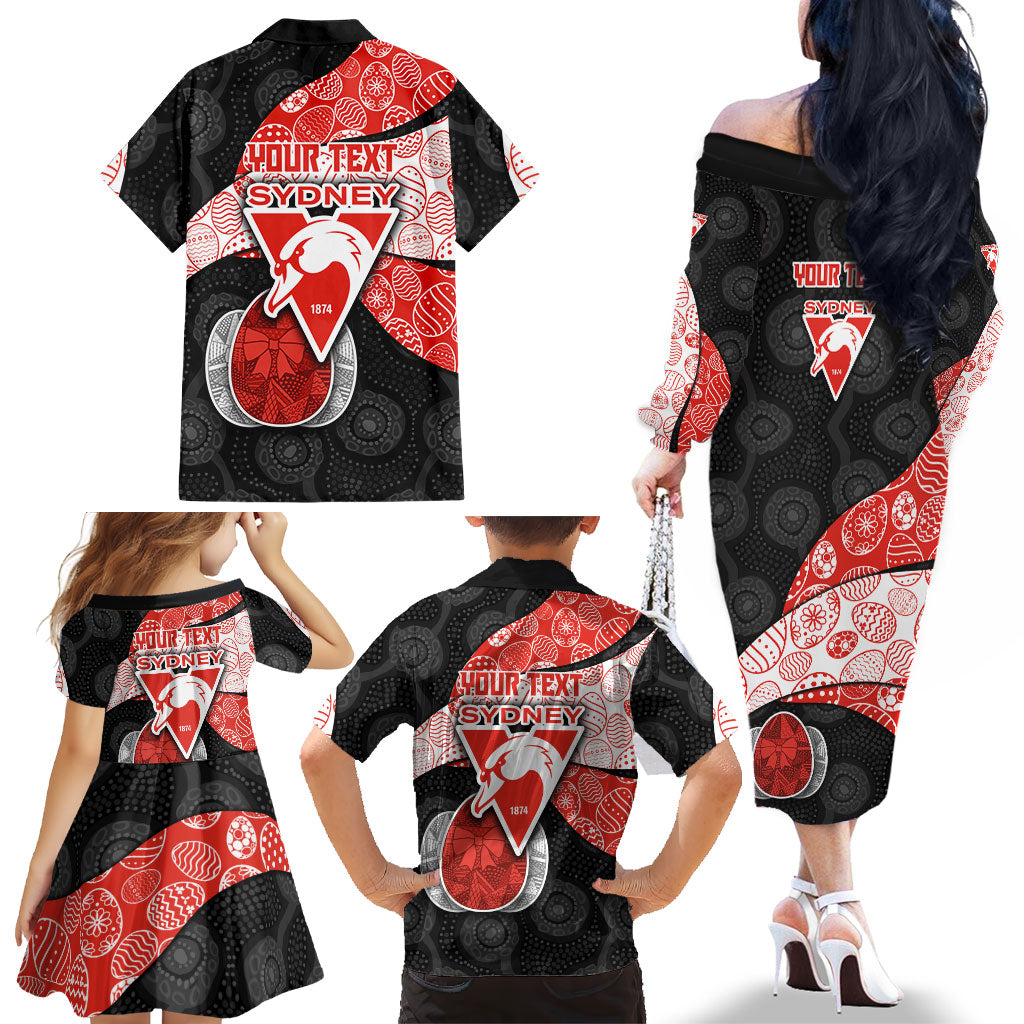 Personalized Sydney Football Family Matching Off The Shoulder Long Sleeve Dress and Hawaiian Shirt Easter Egg Pattern Red White Tribal Dot Art Style