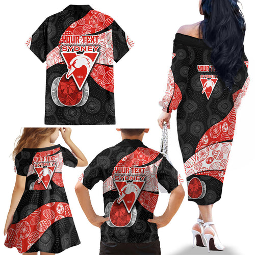 Personalized Sydney Football Family Matching Off The Shoulder Long Sleeve Dress and Hawaiian Shirt Easter Egg Pattern Red White Tribal Dot Art Style