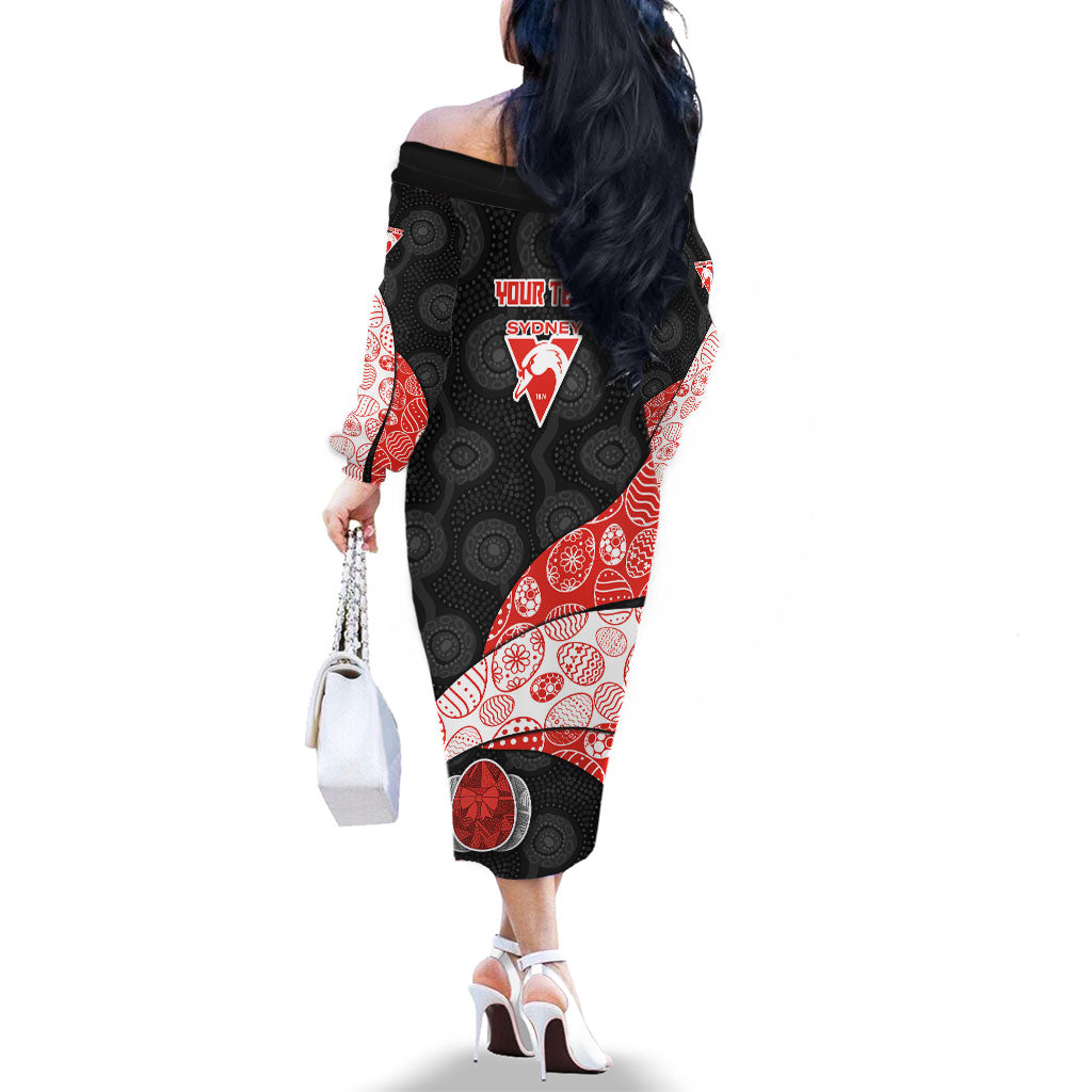 Personalized Sydney Football Family Matching Off The Shoulder Long Sleeve Dress and Hawaiian Shirt Easter Egg Pattern Red White Tribal Dot Art Style