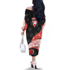 Personalized Sydney Football Family Matching Off The Shoulder Long Sleeve Dress and Hawaiian Shirt Easter Egg Pattern Red White Tribal Dot Art Style