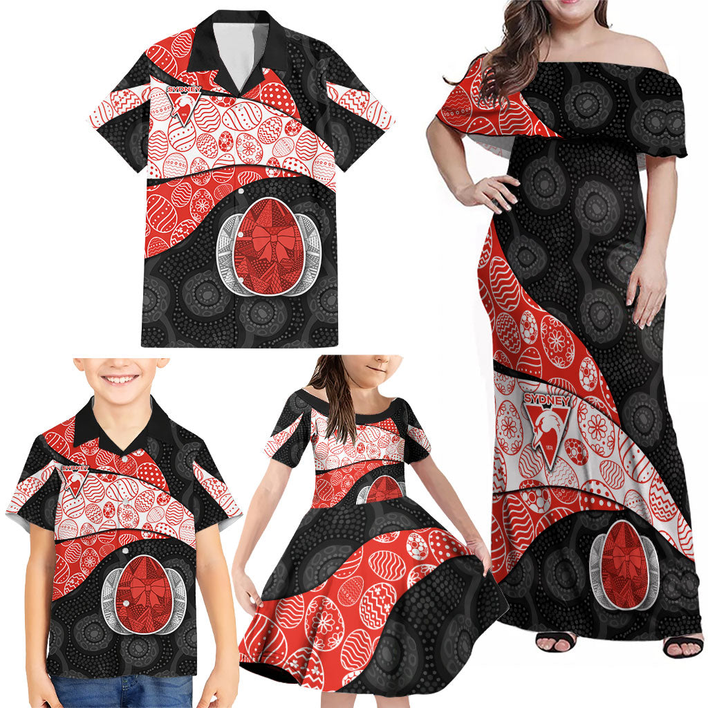 Personalized Sydney Football Family Matching Off Shoulder Maxi Dress and Hawaiian Shirt Easter Egg Pattern Red White Tribal Dot Art Style