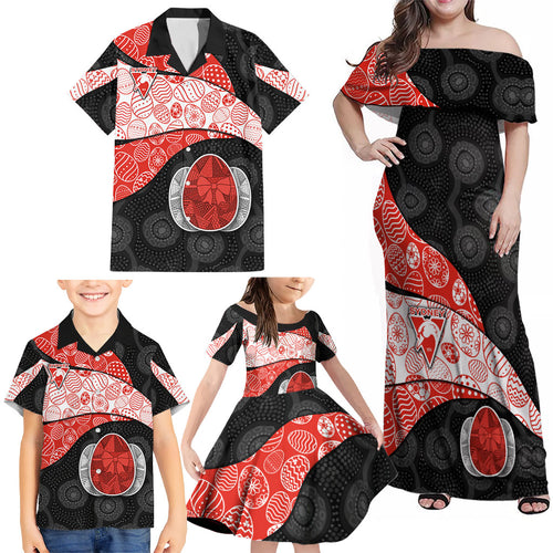 Personalized Sydney Football Family Matching Off Shoulder Maxi Dress and Hawaiian Shirt Easter Egg Pattern Red White Tribal Dot Art Style