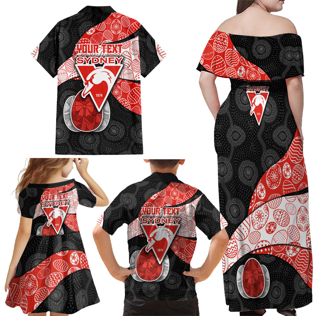 Personalized Sydney Football Family Matching Off Shoulder Maxi Dress and Hawaiian Shirt Easter Egg Pattern Red White Tribal Dot Art Style