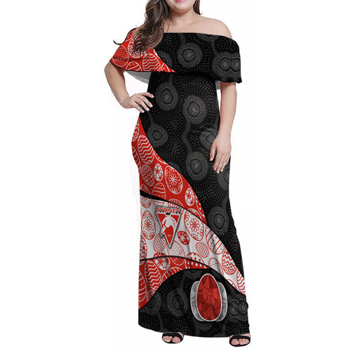 Personalized Sydney Football Family Matching Off Shoulder Maxi Dress and Hawaiian Shirt Easter Egg Pattern Red White Tribal Dot Art Style