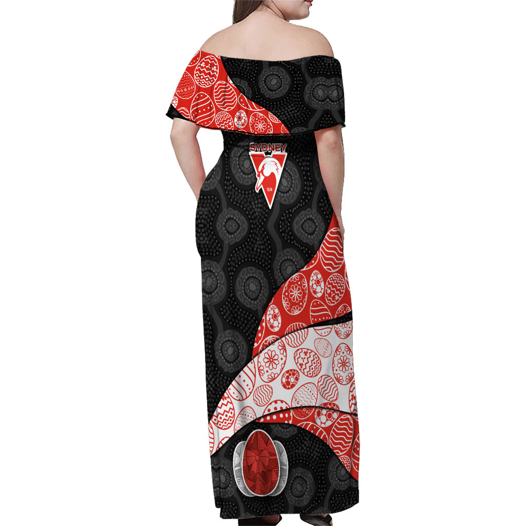 Personalized Sydney Football Family Matching Off Shoulder Maxi Dress and Hawaiian Shirt Easter Egg Pattern Red White Tribal Dot Art Style