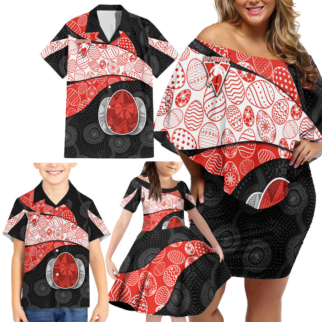 Personalized Sydney Football Family Matching Off Shoulder Short Dress and Hawaiian Shirt Easter Egg Pattern Red White Tribal Dot Art Style