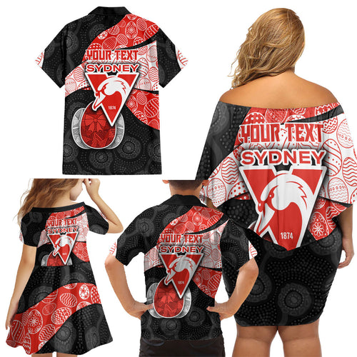 Personalized Sydney Football Family Matching Off Shoulder Short Dress and Hawaiian Shirt Easter Egg Pattern Red White Tribal Dot Art Style