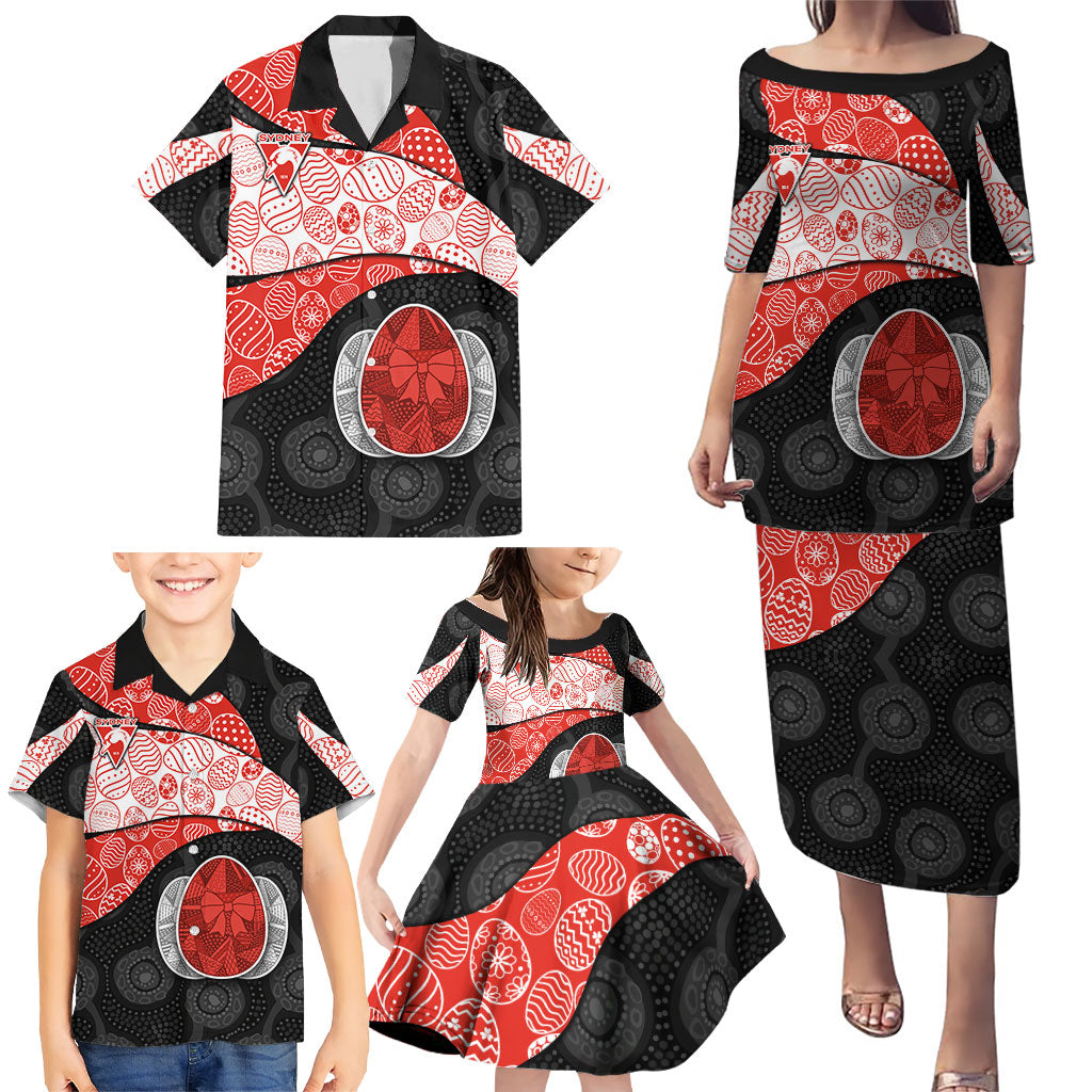 Personalized Sydney Football Family Matching Puletasi and Hawaiian Shirt Easter Egg Pattern Red White Tribal Dot Art Style