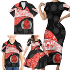 Personalized Sydney Football Family Matching Short Sleeve Bodycon Dress and Hawaiian Shirt Easter Egg Pattern Red White Tribal Dot Art Style