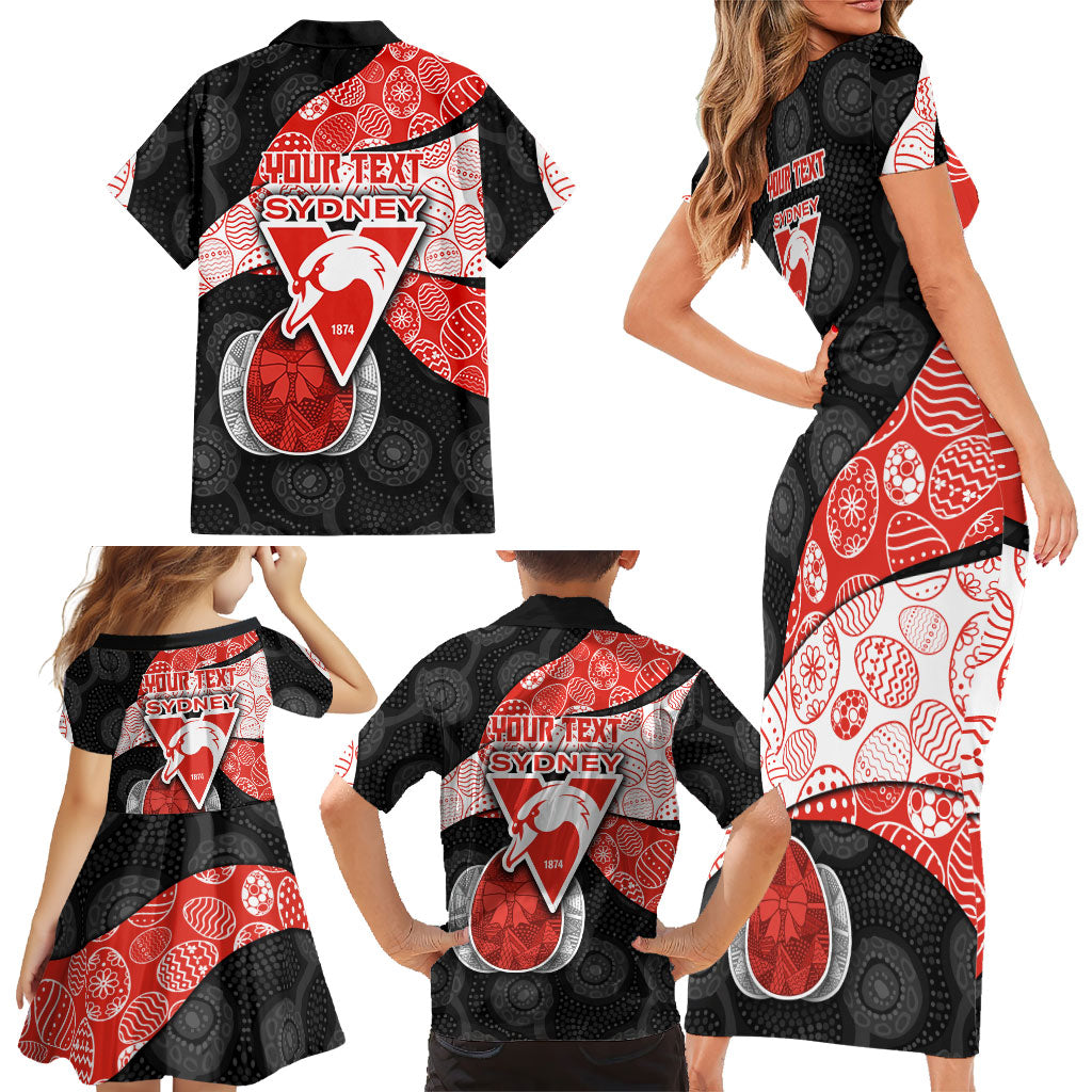 Personalized Sydney Football Family Matching Short Sleeve Bodycon Dress and Hawaiian Shirt Easter Egg Pattern Red White Tribal Dot Art Style