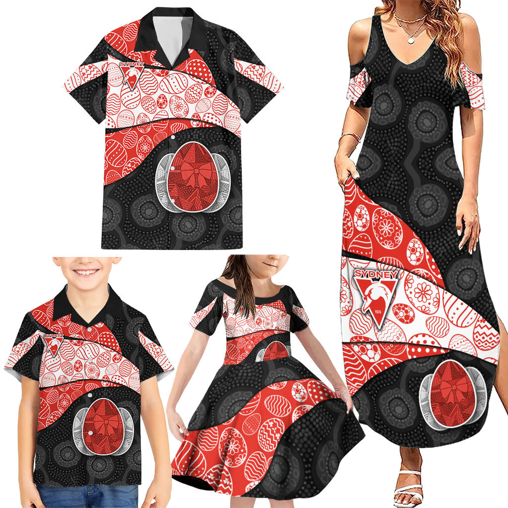 Personalized Sydney Football Family Matching Summer Maxi Dress and Hawaiian Shirt Easter Egg Pattern Red White Tribal Dot Art Style