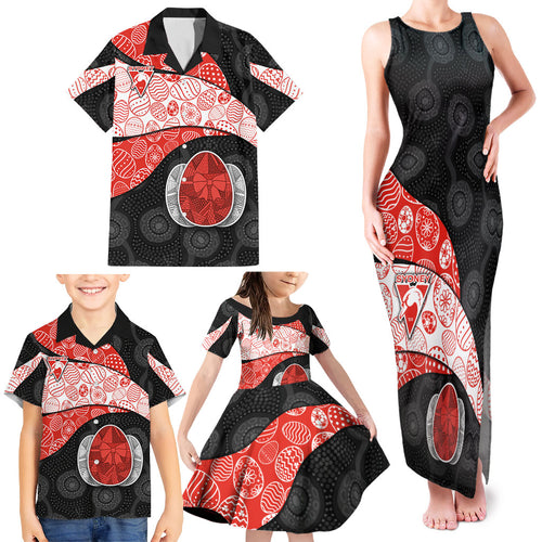 Personalized Sydney Football Family Matching Tank Maxi Dress and Hawaiian Shirt Easter Egg Pattern Red White Tribal Dot Art Style