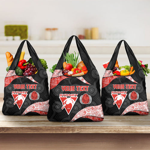 Personalized Sydney Football Grocery Bag Easter Egg Pattern Red White Tribal Dot Art Style