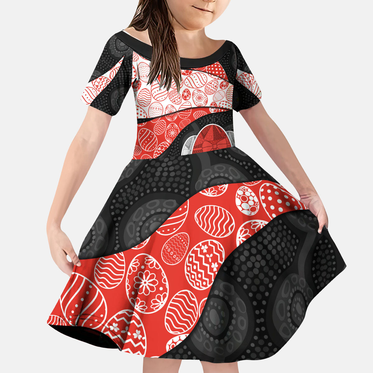 Personalized Sydney Football Kid Short Sleeve Dress Easter Egg Pattern Red White Tribal Dot Art Style